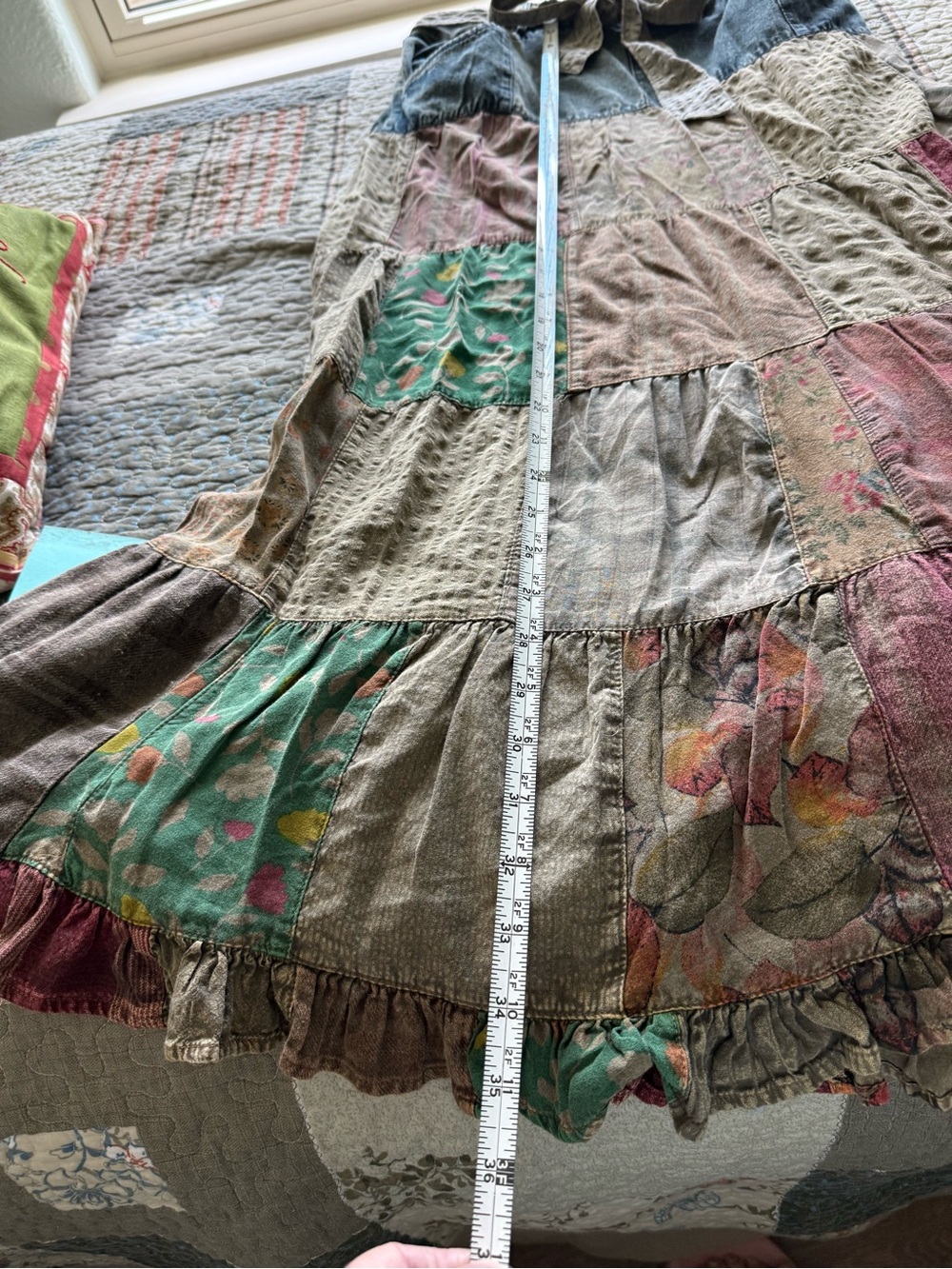 Boho Tiered Maxi Skirt in Olive Patchwork - Picture 4 of 9